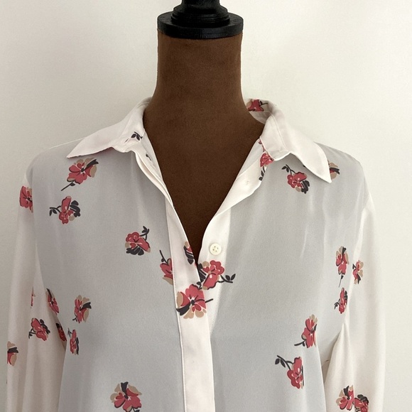 Loft White Floral Utility Button Down Blouse with Roll Tab Sleeves - Picture 3 of 7